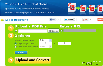 software interface of Free PDF Split Online.